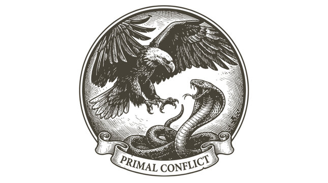 Eagle fighting a cobra snake in a classic black and white vintage woodcut engraving style circular emblem design