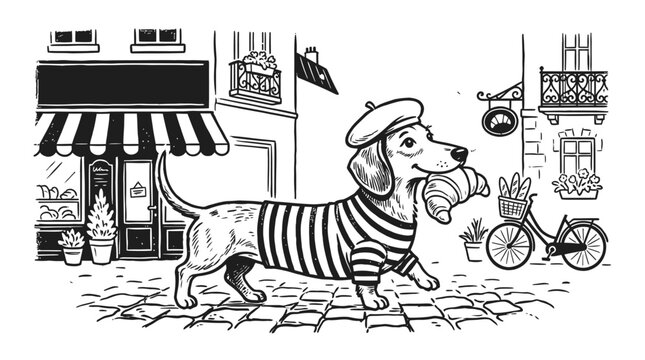 Cute dachshund dog wearing a beret and striped shirt holding a croissant walking on a street in Paris France