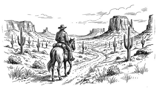 Cowboy riding a horse through a desert landscape with cactus plants and rocky mountains in a classic ink sketch style