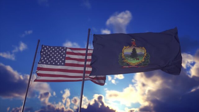 American and Vermont State Flags Waving Against Dramatic Cloudy Sky