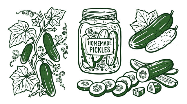 Hand drawn illustration set of fresh green cucumbers growing on vines and a glass jar of homemade pickled pickles