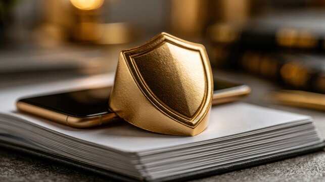 A shield-shaped paperweight is placed on a smart device manual with blank pages. Warm light fills the workspace area without any text present.