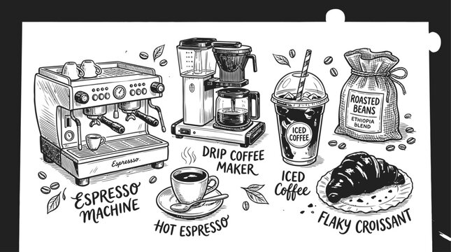 Hand drawn set of coffee equipment including espresso machine drip coffee maker iced coffee beans and flaky croissant