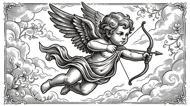 Little angel cupid flying in the sky holding a bow and arrow in a vintage black and white woodcut engraving style