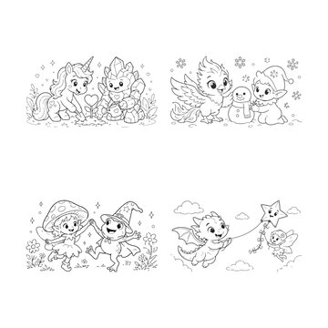 Fantasy Friends Coloring Page Collection &ndash; Cute Magical Creatures, Fairies, Dragons, Unicorns, Wizards, Kids Black and White Line Art