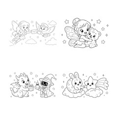 Fototapeta premium Fantasy Friends Coloring Page Collection – Cute Magical Creatures, Fairies, Dragons, Unicorns, Wizards, Kids Black and White Line Art