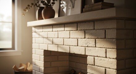 Obraz premium Afternoon sunlight illuminating limewashed brick fireplace showcasing natural color variation and matte finish in a cozy home environment.