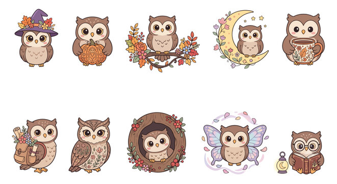 Cute owl vector set for autumn designs. Kawaii woodland bird collection with fall elements.