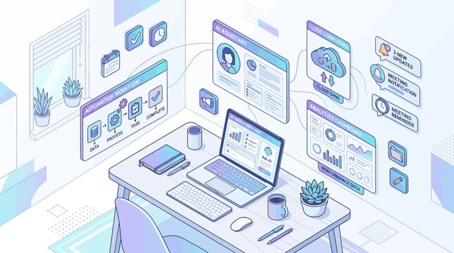 Isometric vector illustration of modern remote workplace concept with laptop dashboard cloud data and digital office setup
