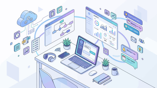 Isometric digital workspace concept with laptop, cloud computing storage, workflow automation, and data analytics dashboard illustration