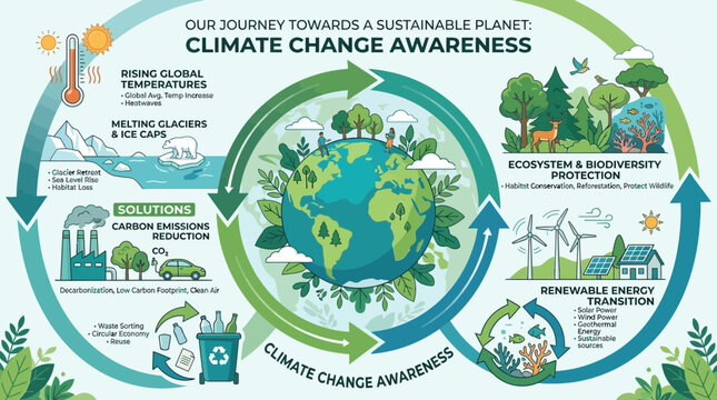 Sustainable planet concept infographic depicting climate change solutions, global warming, renewable energy, recycling, and ecological conservation