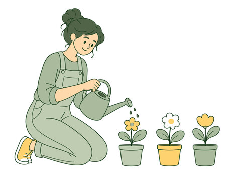 Woman watering potted flowers with a watering can, gardening concept