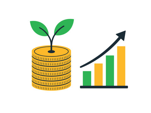 Small business growth concept with coins and upward trending graph