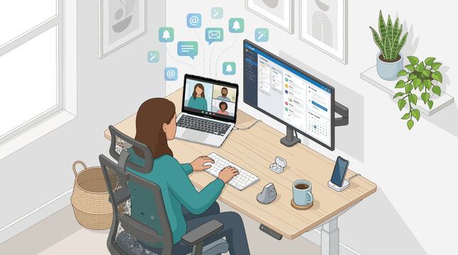 Isometric illustration of a woman working remotely at a modern home office desk with computer and video conference call