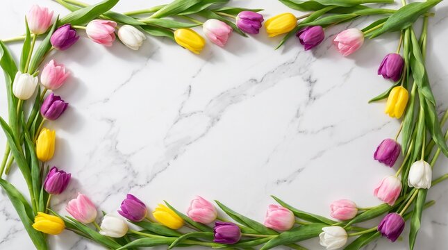 Spring tulip flower frame on white marble background, colorful floral border with pink yellow and purple tulips, elegant flat lay copy space for Mother's Day