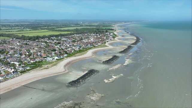 Drone Flight Along the Bognor Regis Coastline at Low Tide, West Sussex, UK