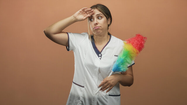 Woman cleaning attendant holding rainbow feather duster and hand to brow showing exhaustion in studio near a plain wall; work fatigue.