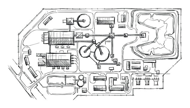 Hand-drawn illustration of a diamond mining recovery plant