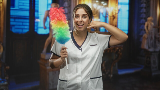 Cleaner holding rainbow duster makes call gesture with hand to ear inside ornate building interior; cheerful service.