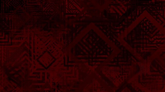 Deep reds and oranges swirl in geometric patterns. Dark lines form intricate, interlocking squares