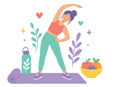 Woman stretching on yoga mat with healthy food and water bottle
