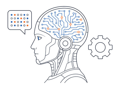 Artificial intelligence concept showing a stylized robot head with circuits and data