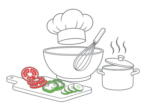 Chef's hat and cooking utensils with fresh ingredients for healthy meal preparation