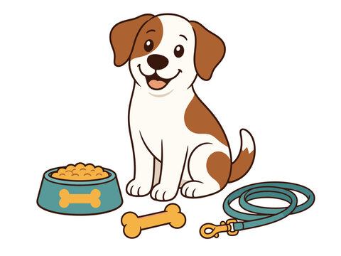 Happy cartoon dog with food bowl, bone, and leash ready for a walk
