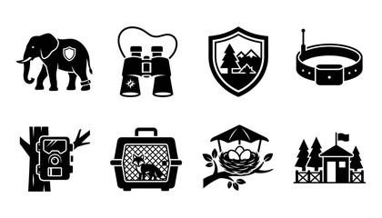 Elephant and Wildlife Icons Including Binoculars, Camera, Nest, and Cabin for Nature and Adventure Themes © AnjueManAra