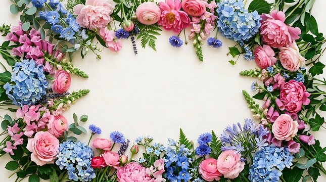 Floral frame made of pink and blue peonies and hydrangeas with hydrangeas