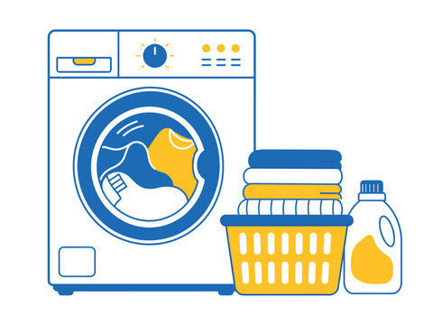 Modern washing machine with laundry basket and detergent for clean clothes
