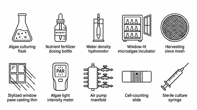 Set of ten line art icons representing essential equipment for scientific microalgae cultivation and laboratory research.