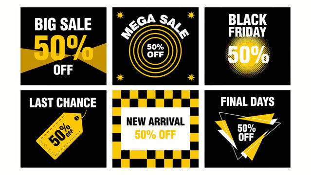 A collection of six modern sale promotional posters featuring bold typography and geometric patterns with fifty percent off discounts for retail marketing campaigns