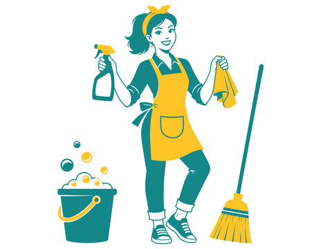 Smiling woman in apron holding cleaning supplies and a cloth, ready to clean