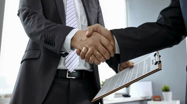 Business partners shaking hands to finalize a formal contract agreement handshake partnership meeting deal success