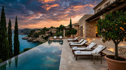 Fototapeta premium Luxury infinity pool with lounge chairs overlooking the sea at sunset