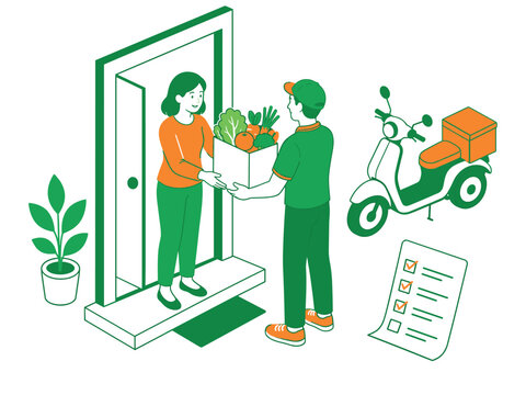 Woman receives grocery delivery from courier at her doorstep with scooter nearby