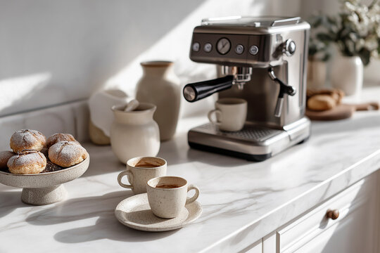 A home espresso machine brews coffee on a marble kitchen counter beside cups and powdered donuts. Cozy morning routine, breakfast, cafe style, food, drink, lifestyle, comfort, hospitality.