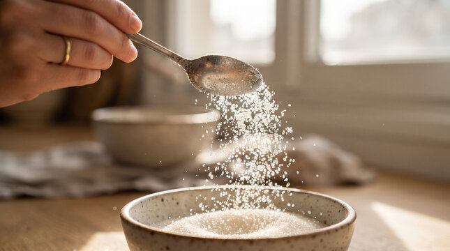 Woman pouring white sugar from a silver spoon into a bowl for baking preparation