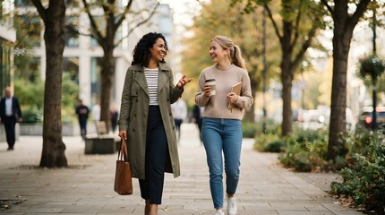 Obraz premium Two colleagues walking and talking outdoors in urban business district