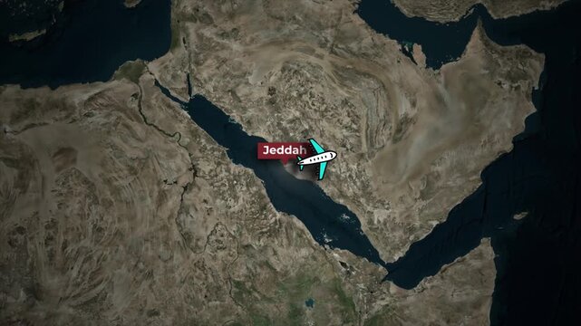 Airplane Flight Path Animation Jeddah to Kuala Lumpur on Satellite Map