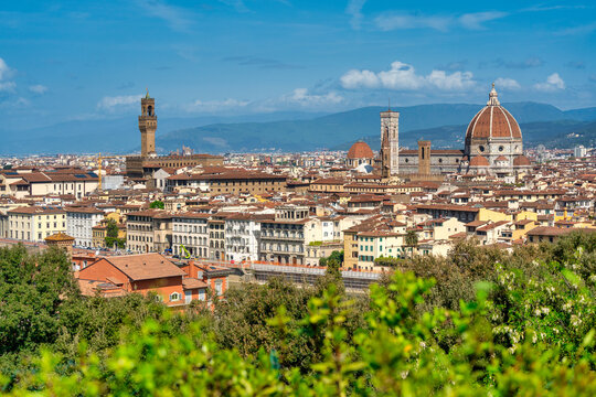 Aerial view of Florence cityscape from Piazzale Michelangelo with Duomo