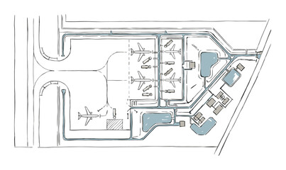 Hand-drawn map illustration of an airport aircraft de-icing pad and fluid collection system for aviation operations © MonoShape