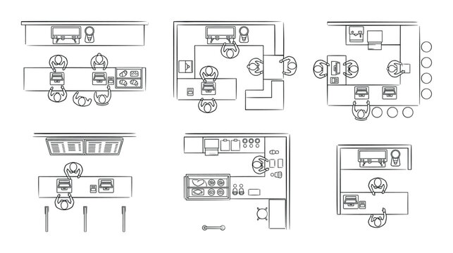 Coffee shop ordering counter icon set, top-down view for business plan, interior design
