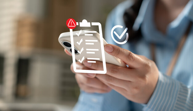 Businesswoman checklist on smartphone with digital verification, task management, compliance, online approval, productivity workflow, mobile planning, reminder, quality control successful project.