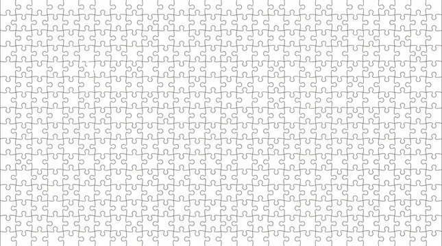 Blank jigsaw puzzle template with missing pieces scattered. Customizable white puzzle outline for DIY projects and educational activities.