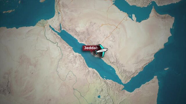 Animated Flight Route Jeddah to Kuala Lumpur on World Map