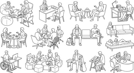Obraz premium Office Lifestyle People Outline Vector Set with Work Meeting Study and Everyday Activities