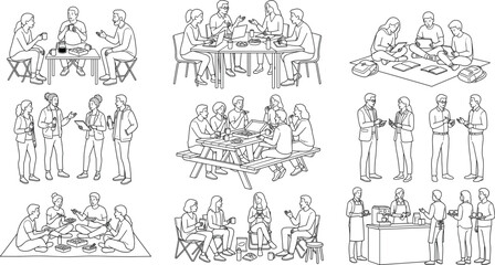 Obraz premium People Social Interaction Outline Character Collection with Meetings Conversations Dining and Study Activities
