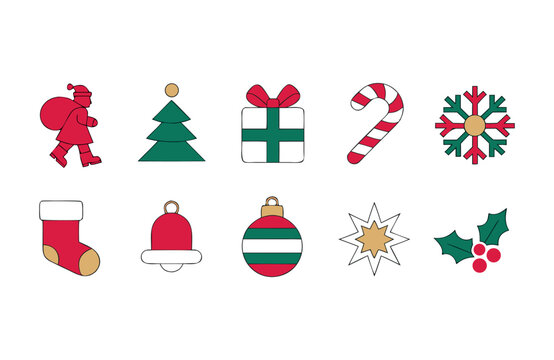 Christmas celebration icon set collection with christmas snowflake stocking ornament decoration